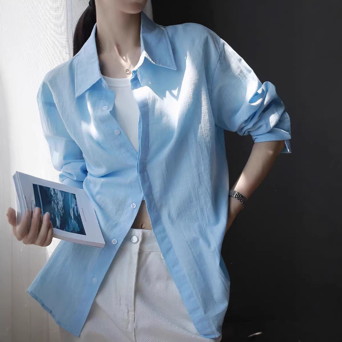 Blue Polo Collar Sun Protection Shirt Loose Lazy Style Long Sleeve Lightweight Cotton Linen Blouse Jacket