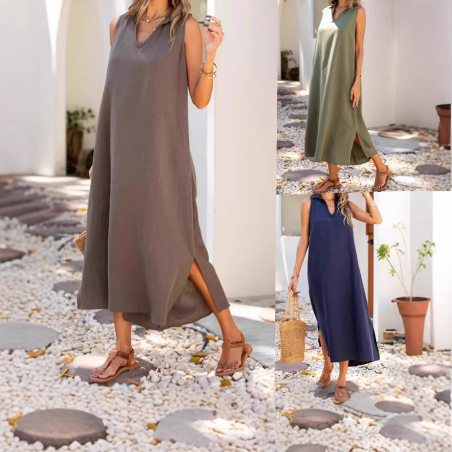 Solid Color Sleeveless V-Neck Loose Fit Dress