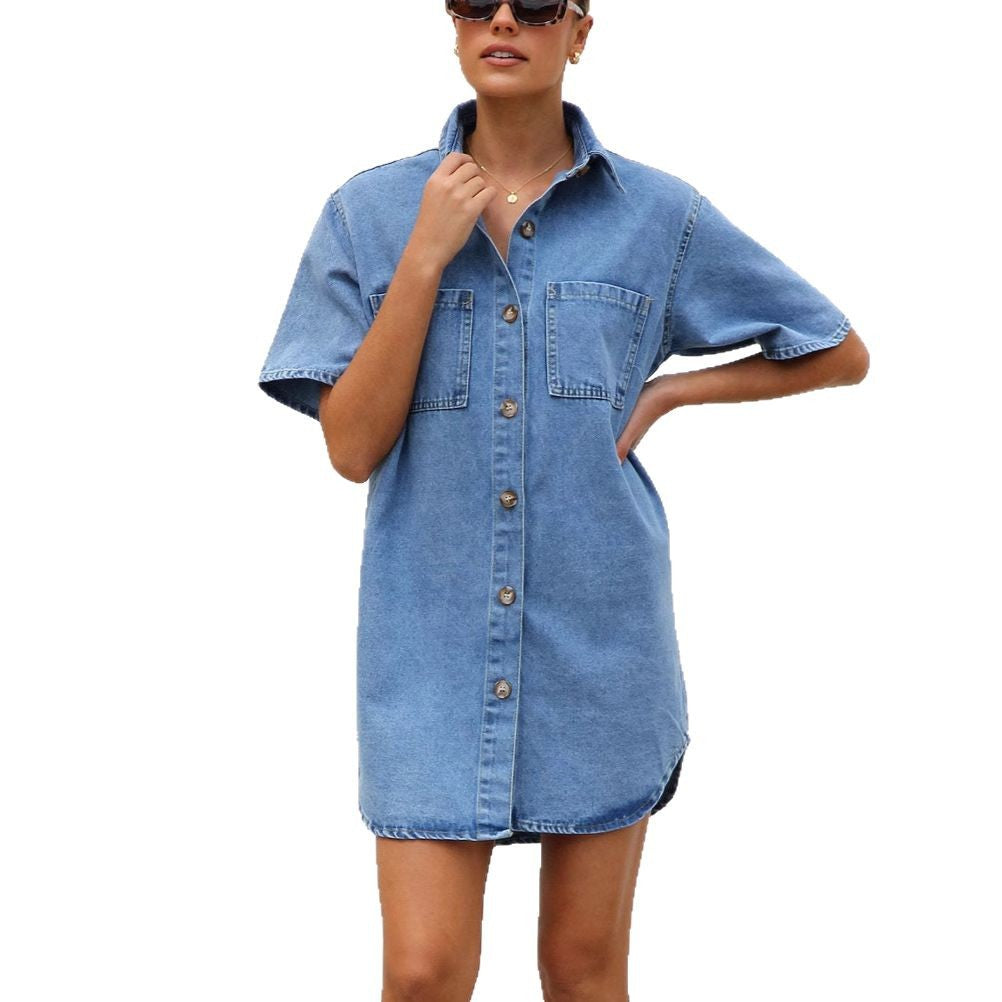 Denim Short Sleeve Open Front Shirt Dress for Women with Turn-Down Collar and Loose Fit