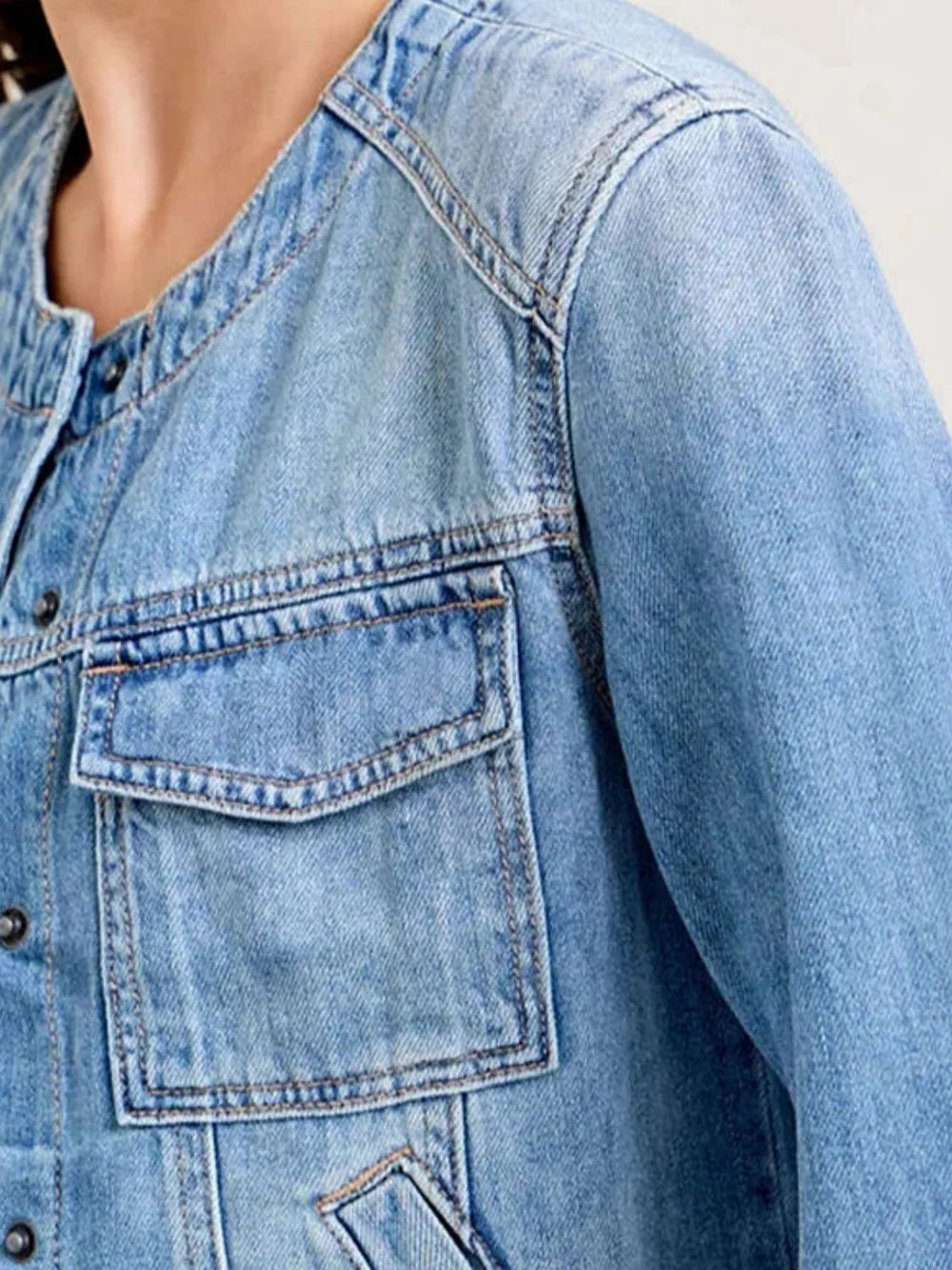 Slim fit short collarless long sleeved denim jacket retro multi pocket workwear jacket ﻿