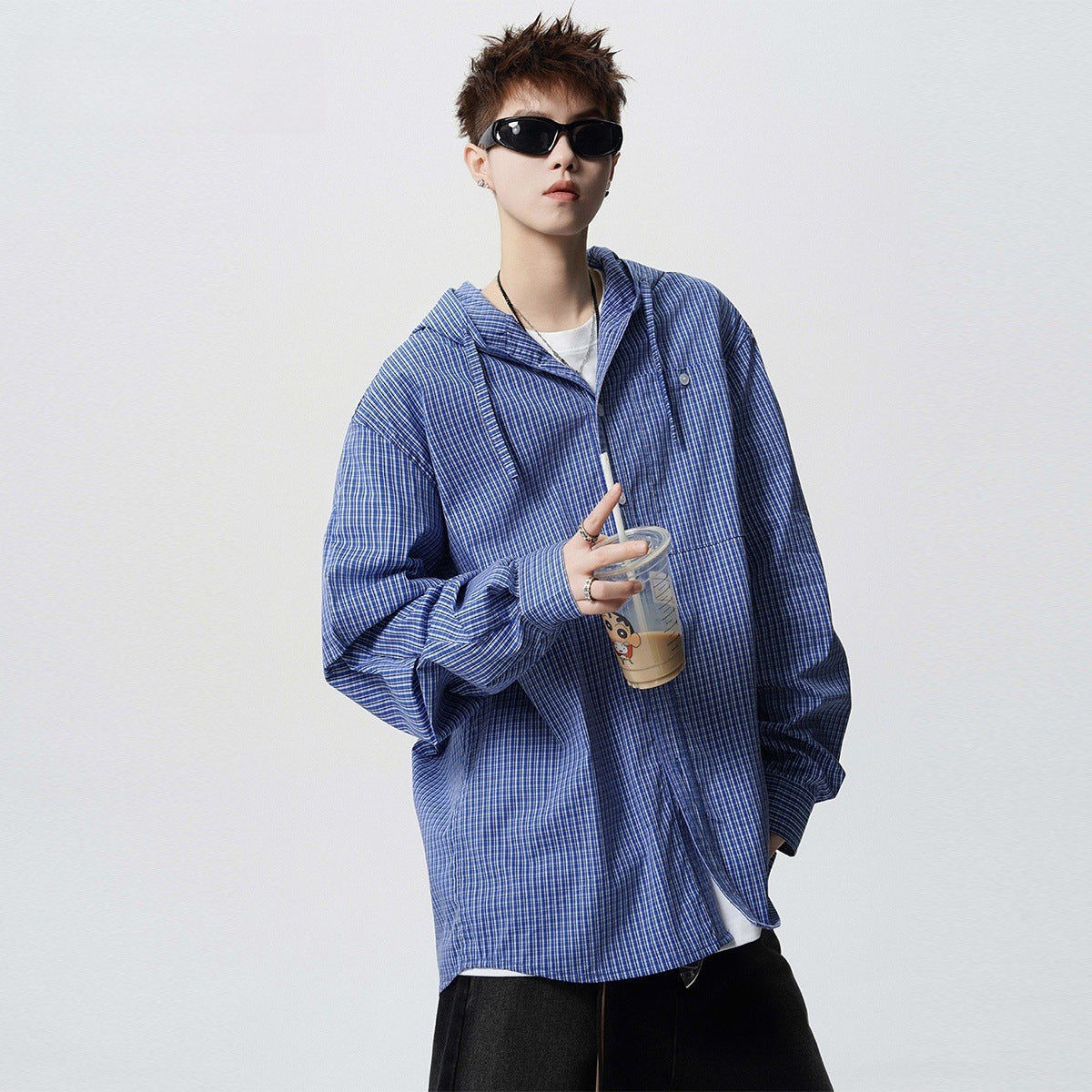 Checkered hooded long sleeved sunscreen shirt casual shirt jacket