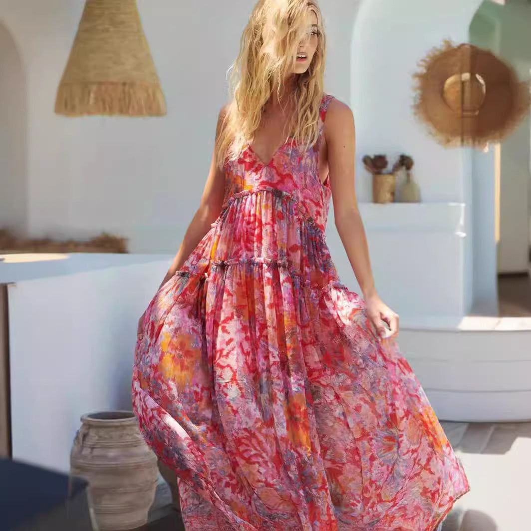 Elegant Chiffon Printed Strapless Dress INS Casual Loose Vacation Dress