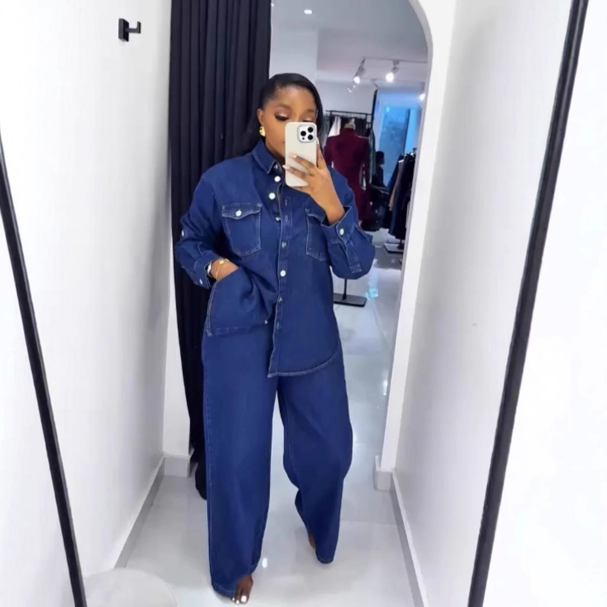Fashionable Vintage Denim Shirt with Turn-Down Collar Long Sleeve Top and Straight Leg Pants Set for Women