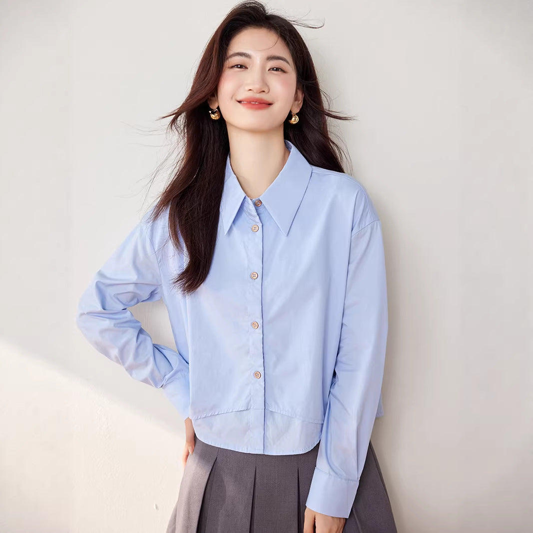 Elegant False Two-Piece Loose Long Sleeve Shirt for Women Fashionable Versatile Turn-Down Collar Solid Color Top