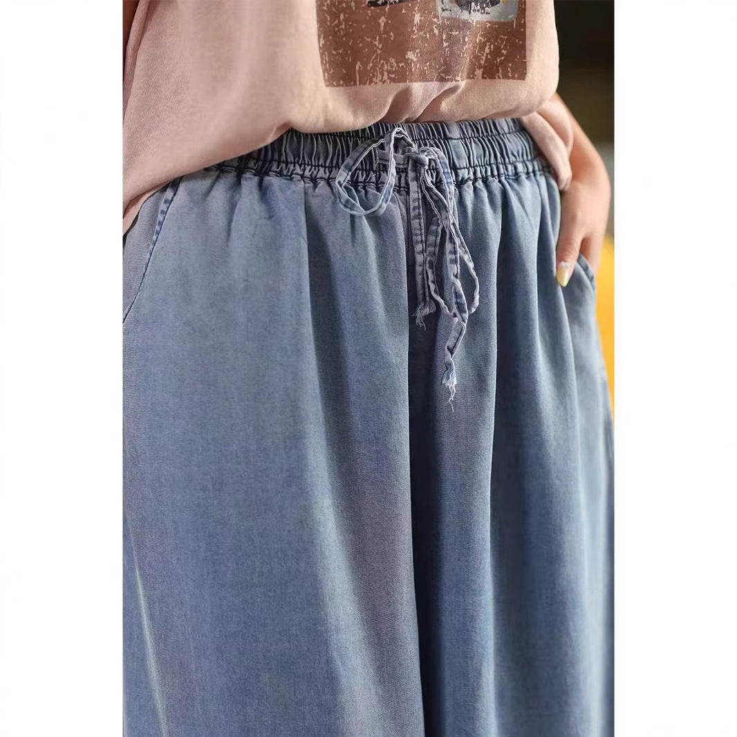 Retro Lyocell Tencel Denim Wide Leg Pants Women Summer Thin Wide Leg Literary Pants Slim Skirt Pants