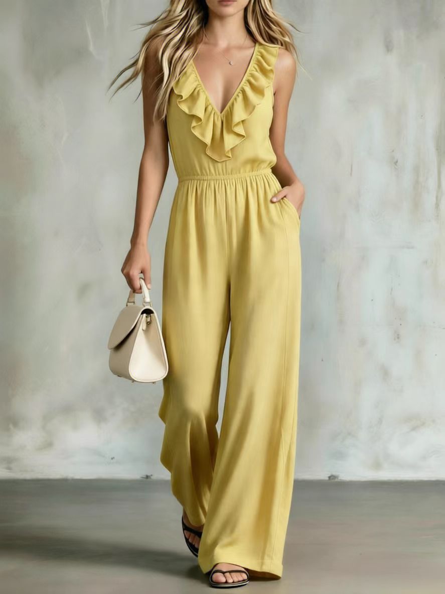 Elegant V-Neck Ruffled Women's Bodycon Jumpsuit Fashionable and Stylish forMarket
