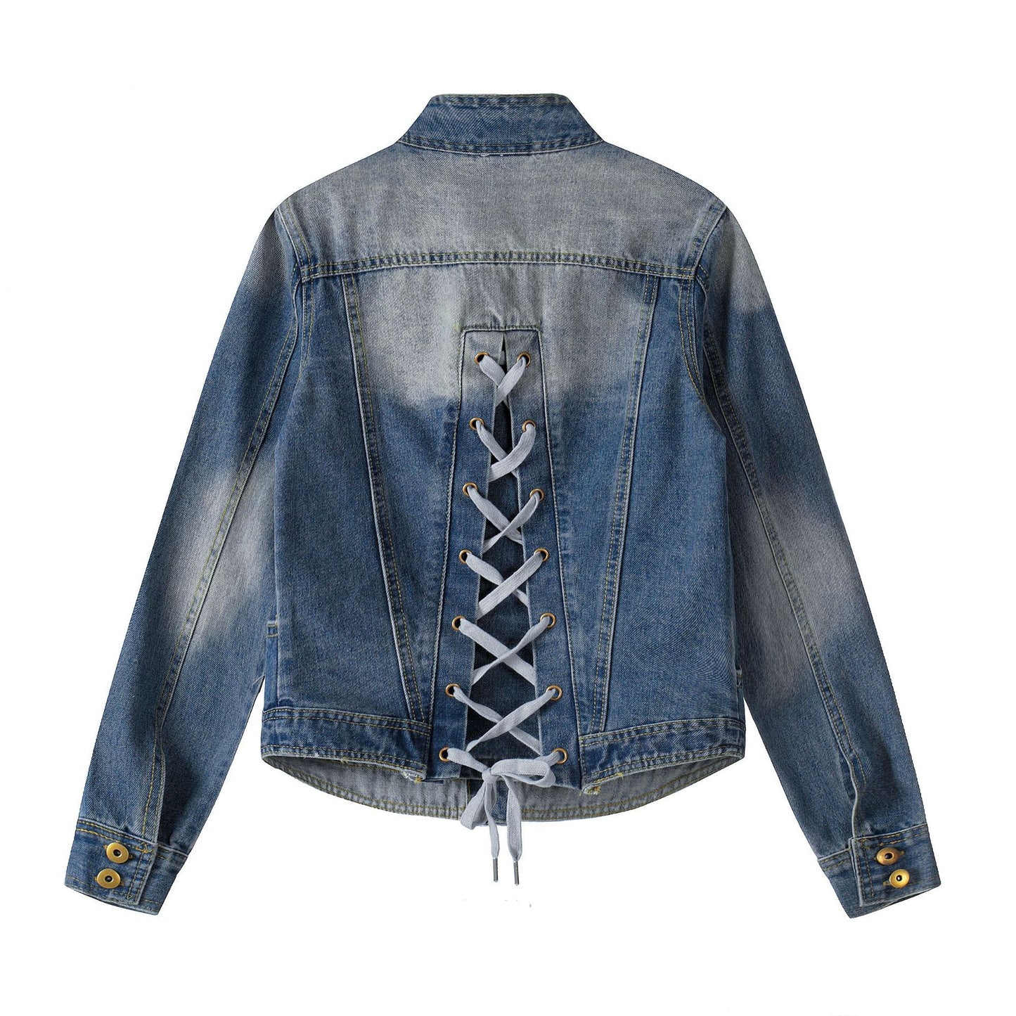 Vintage distressed washed stand up collar slim fit denim jacket