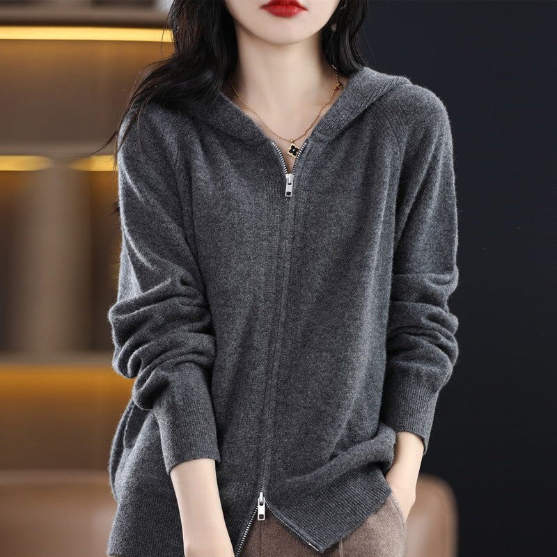 Hooded Zipper Knit Cardigan Women Long Sleeve Versatile Loose Sweater Coat Fashion Top