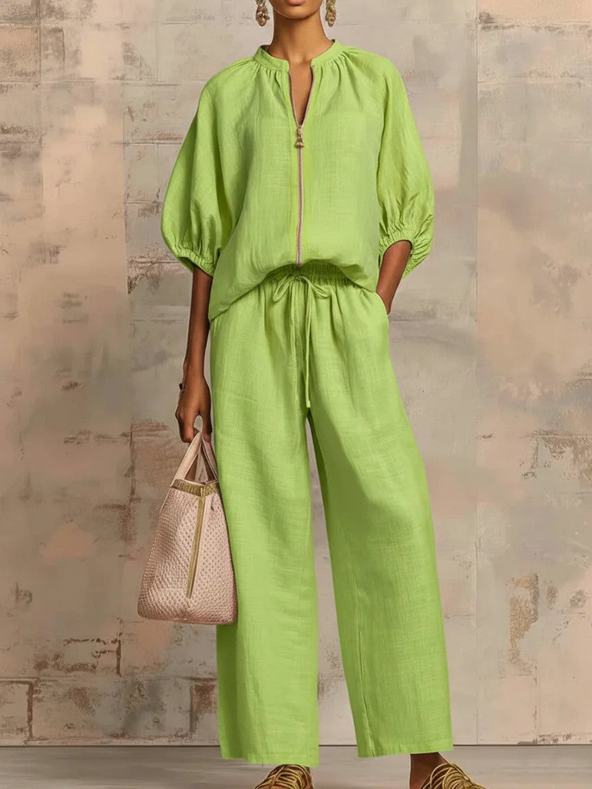 Summer Women's Casual Loose Solid Color Zipper Round Neck Wide Leg Pants Set