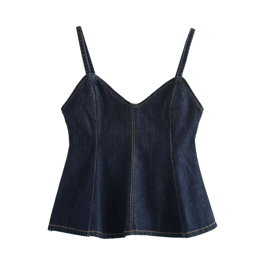 Fashionable and versatile wave style wide swing suspender denim top for women