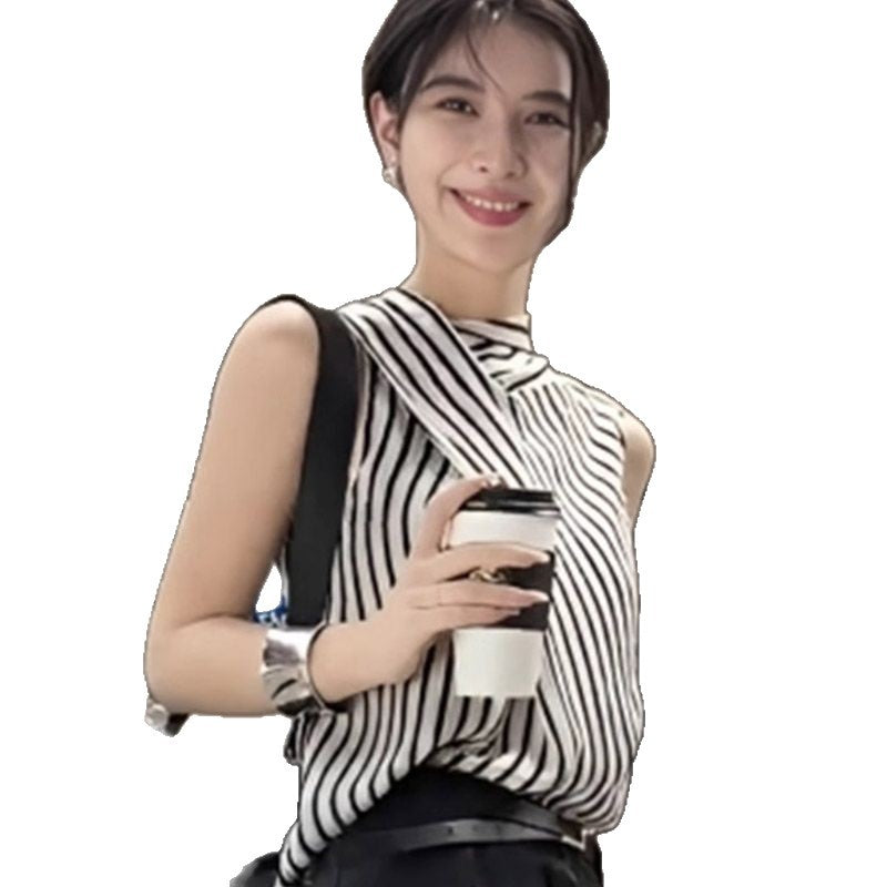 Luxury Sleeveless Striped Blouse with Ribbon for Women - Elegant and Slimming Top