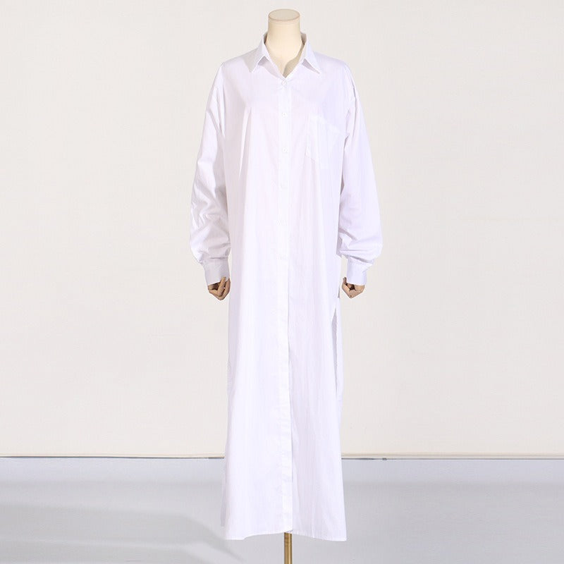 Flip collar side slit design simple long sleeved shirt for women