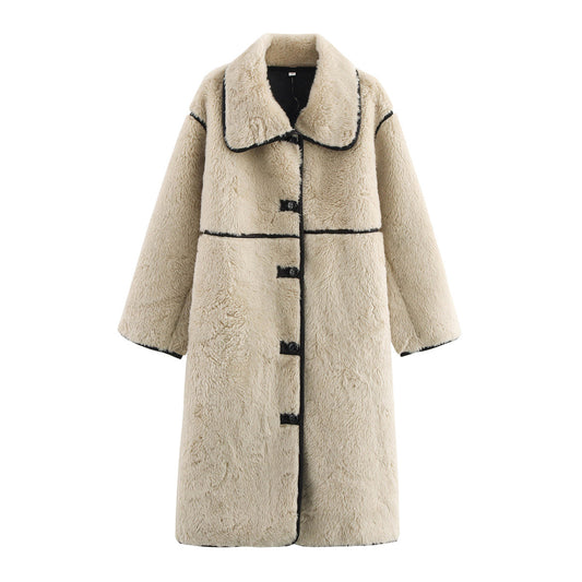 Fashion collar faux fur effect long sleeved woolen coat
