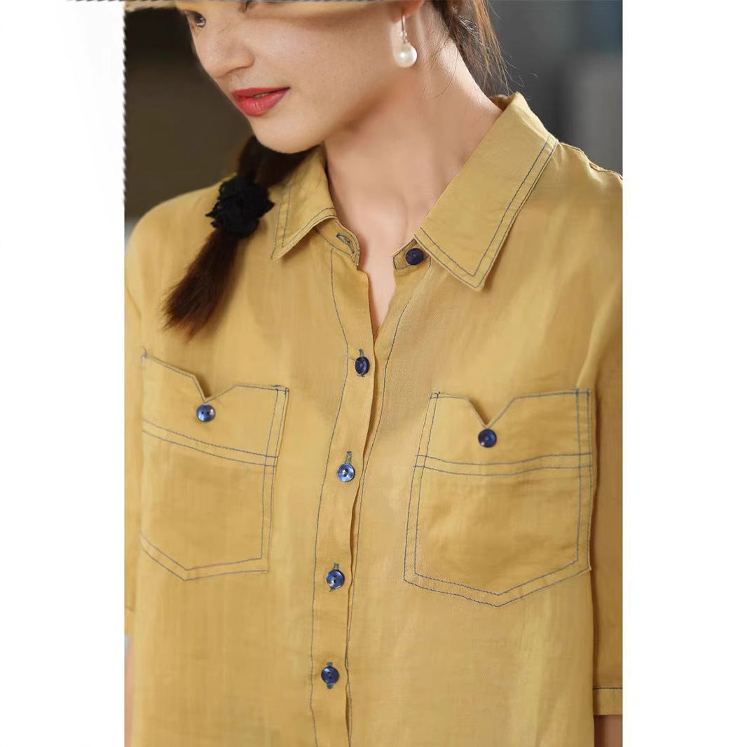 Buttoned Linen Shirt Women's Elegant Turn-Down Collar Short Sleeve Blouse Thin Top