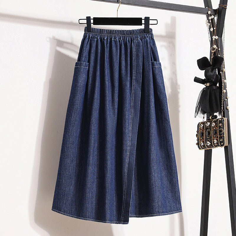Artistic plus size high waisted denim skirt for women, loose and slimming Korean version, split back mid length design