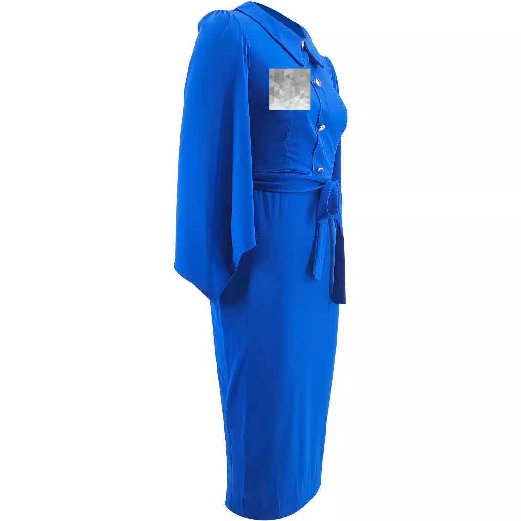 Women's Flared Sleeve Peter Pan Collar Fitted Plus Size  Dress