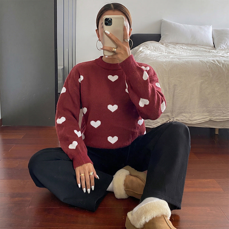 Love jacquard round neck loose sweater