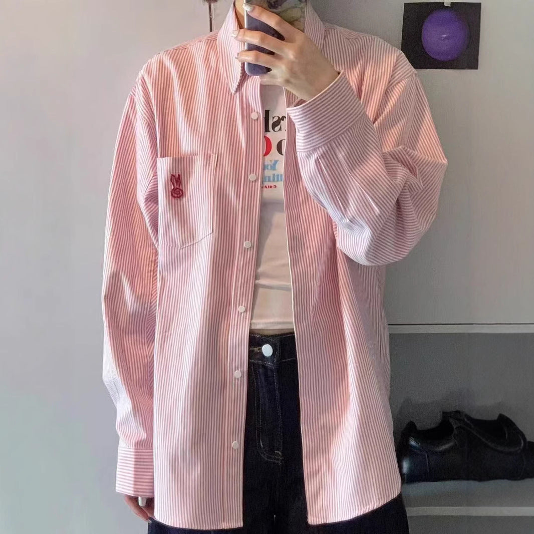 Cute  Rabbit Embroidery Pink Stripe Shirt for Women, Spring and Summer New Design, Lazy Style Outerwear Blouse