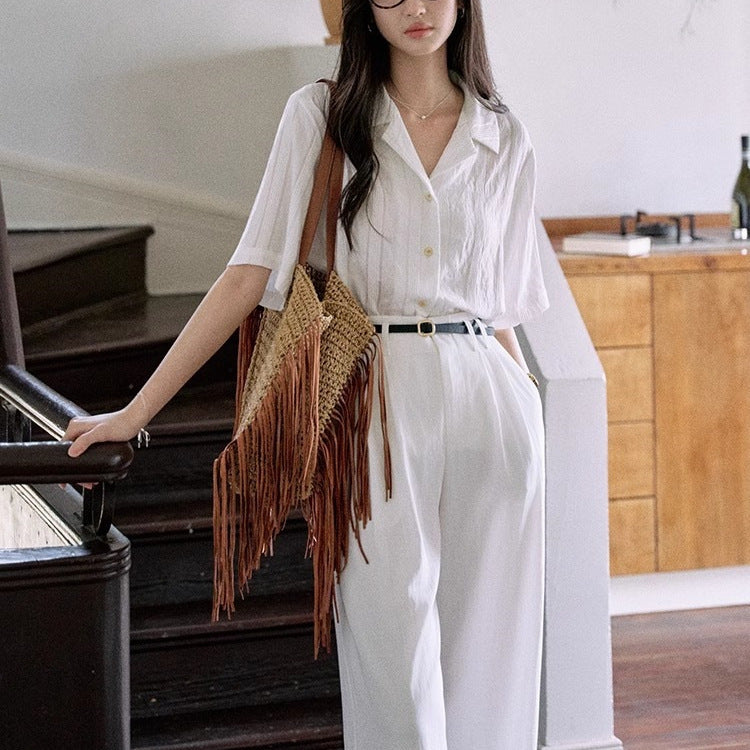 Loose Short Sleeve Cuban Collar Shirt  Casual Top
