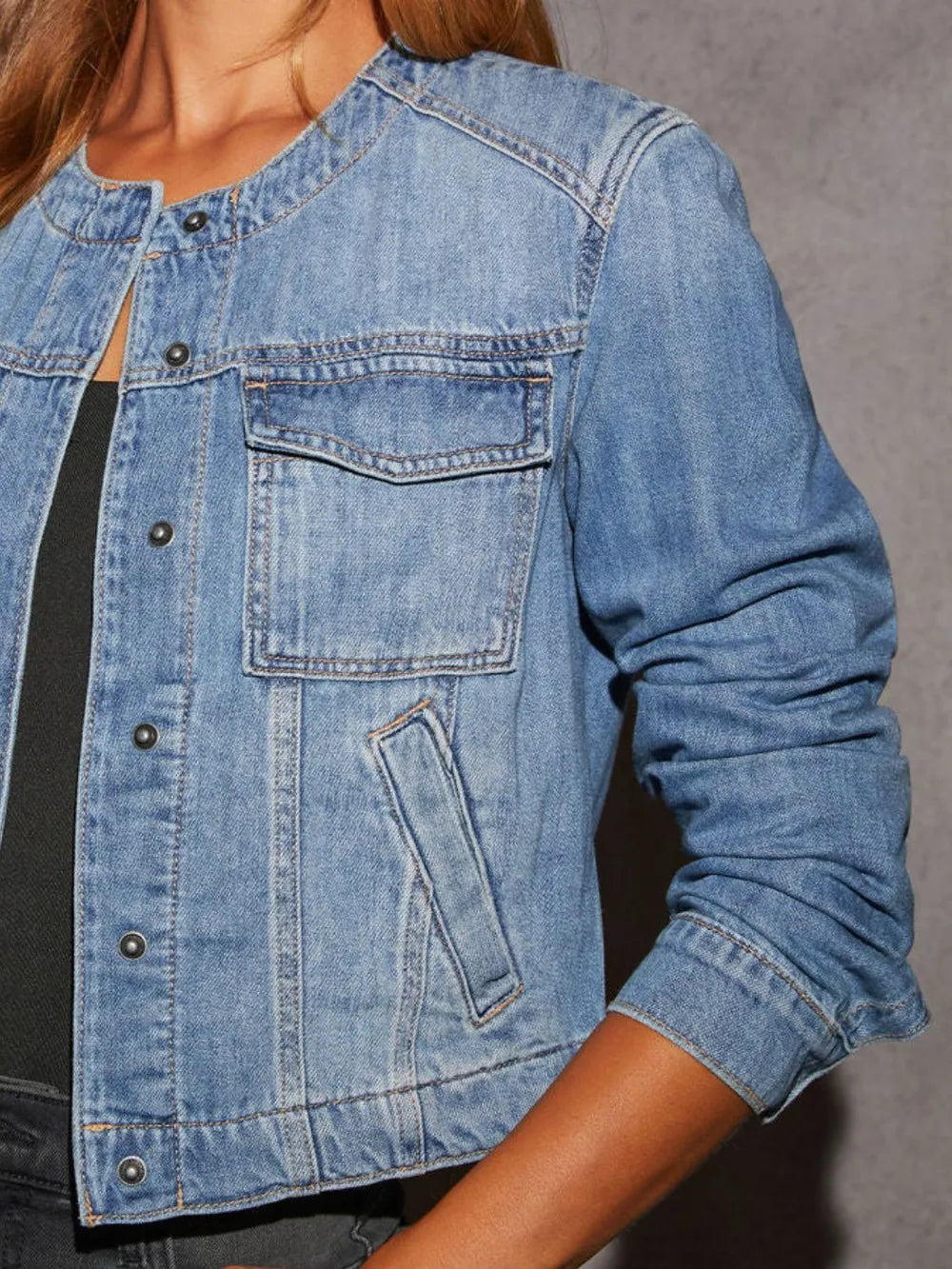Slim fit short collarless long sleeved denim jacket retro multi pocket workwear jacket ﻿