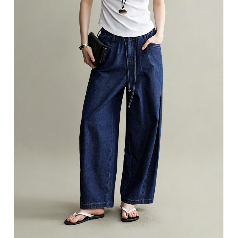 Deep Blue Elastic Waist Wide Leg Jeans for Women Slimming and Hip-Hiding, Versatile Long Pants