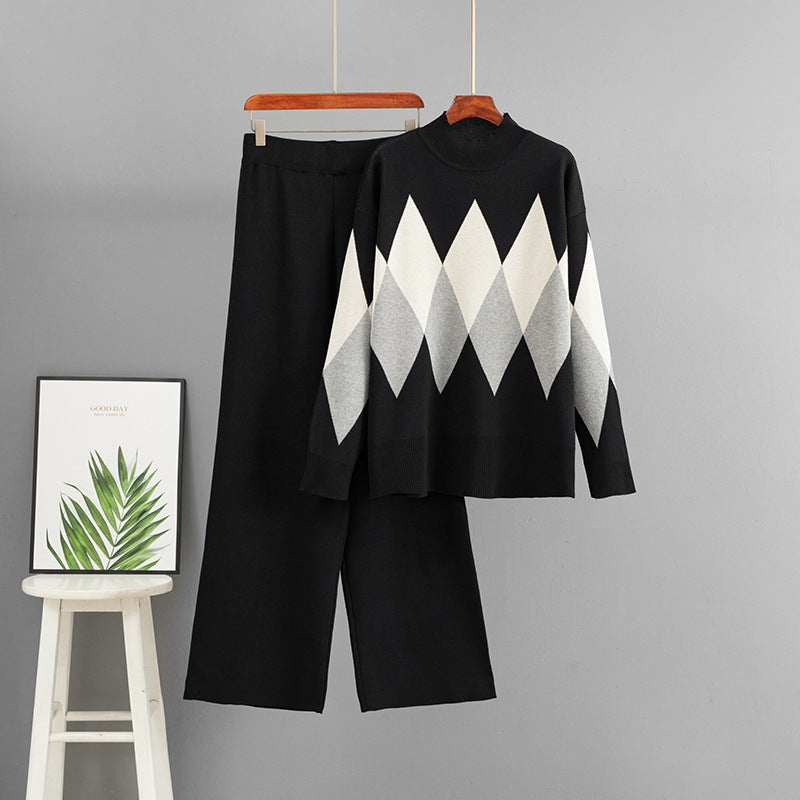 Loose round neck sweater wide leg pants two-piece set for women