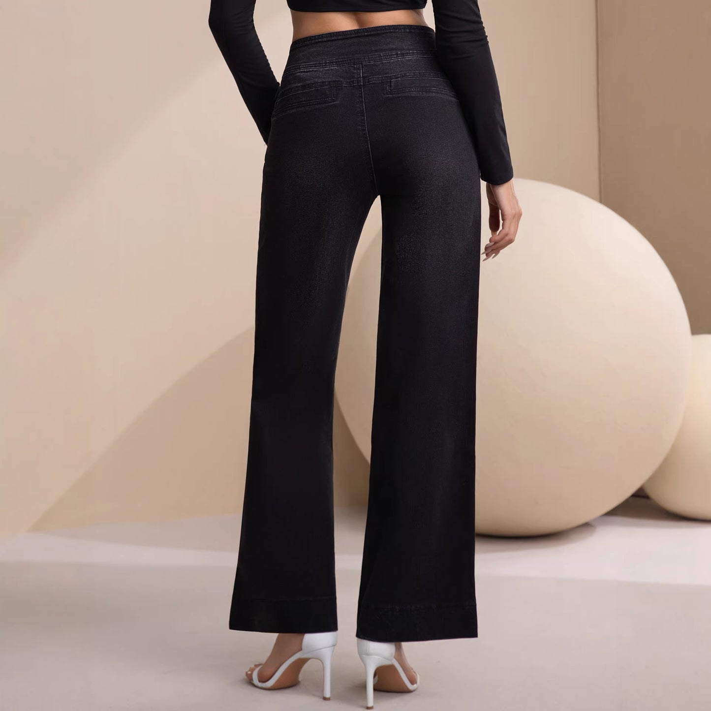 High-Waisted Pure Color Simple Fashion Fitted Straight Leg Denim Pants for Women