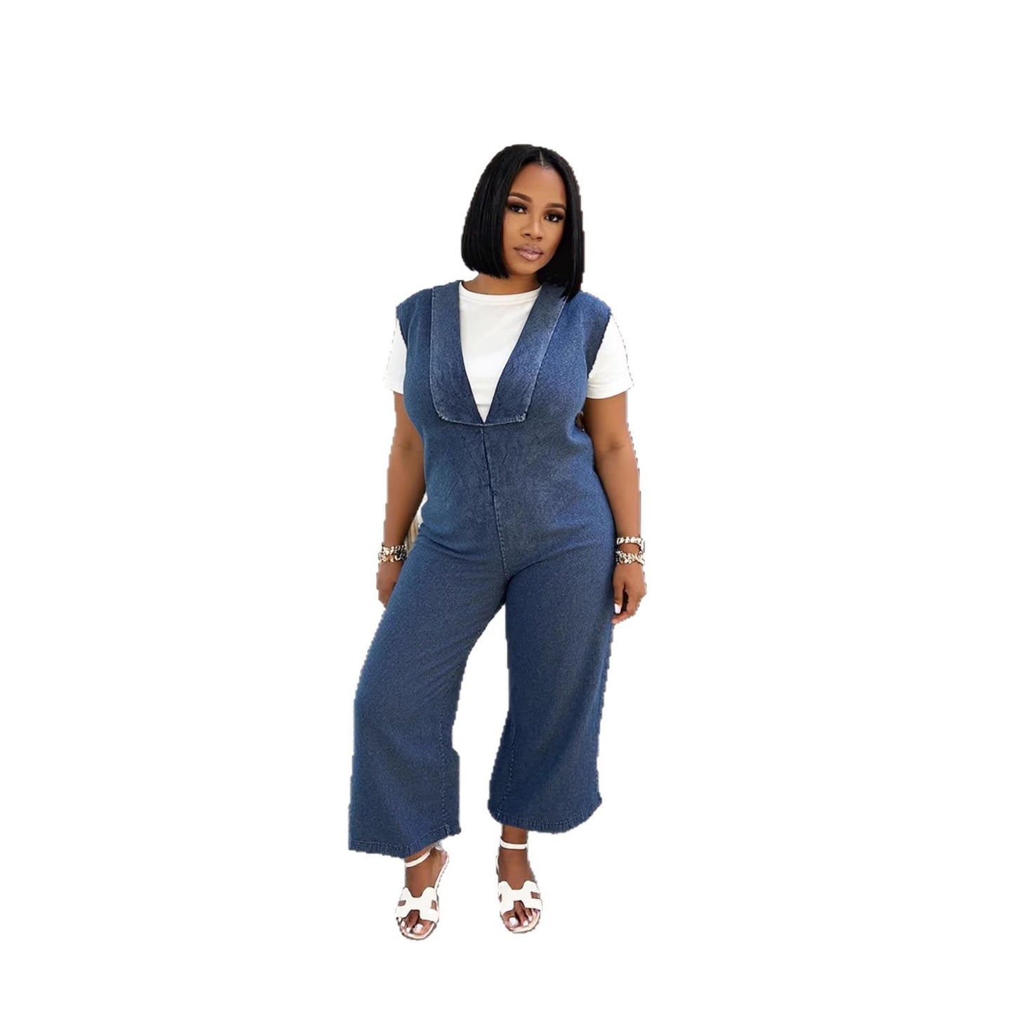 Casual V-Neck Side Pocket Washed Denim Jumpsuit