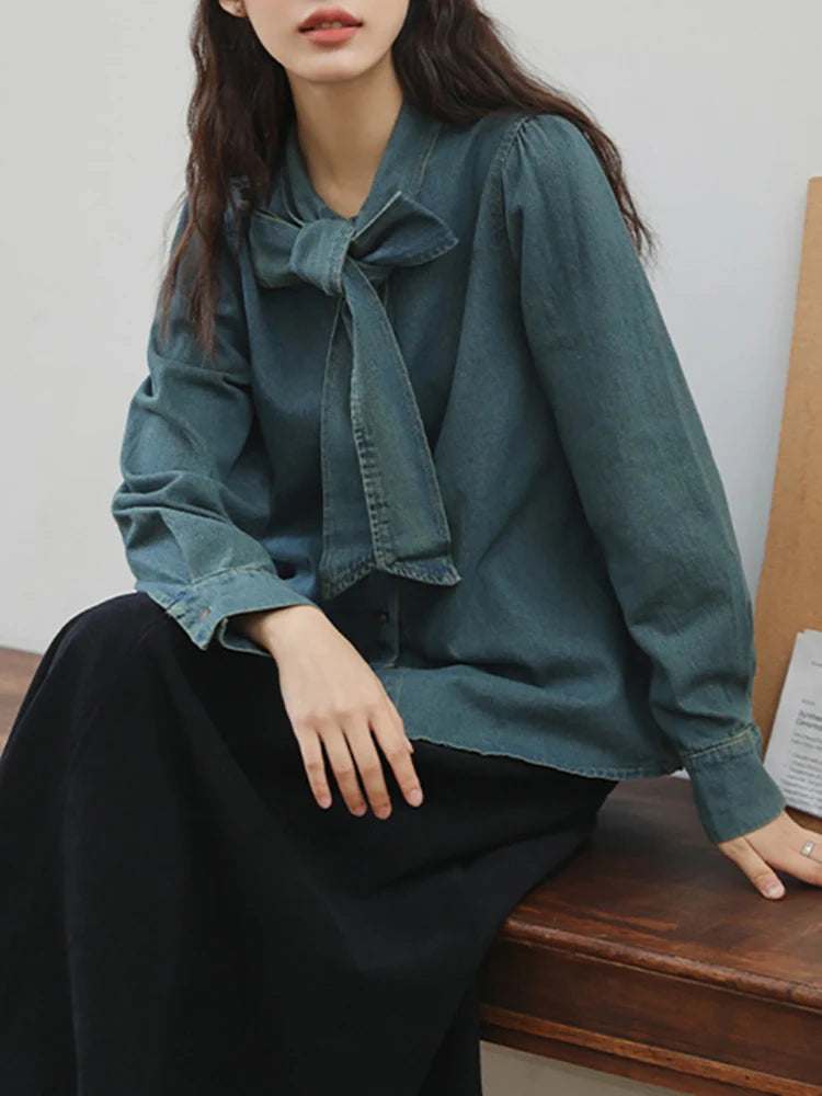 Shirt Loose Patchwork Ribbon Bow Single Breasted Washed Blue Elegant Blouse