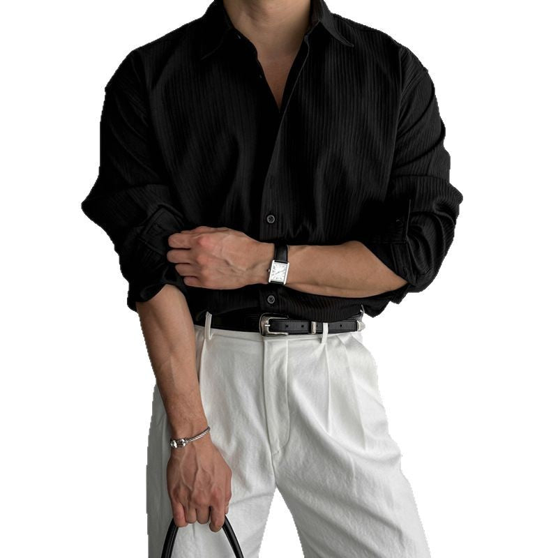 Texture black shirt men's long sleeved spring loose shirt