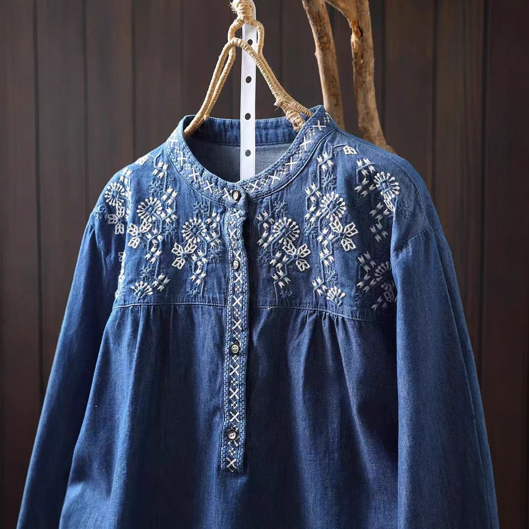 Spring New Cotton Embroidered Stand Collar Denim Shirt Women Loose Long Sleeve Retro Style Pullover Top