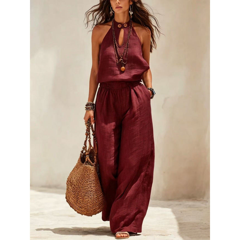 Style Solid Color Sleeveless Halter Neck Wide Leg Jumpsuit for Women