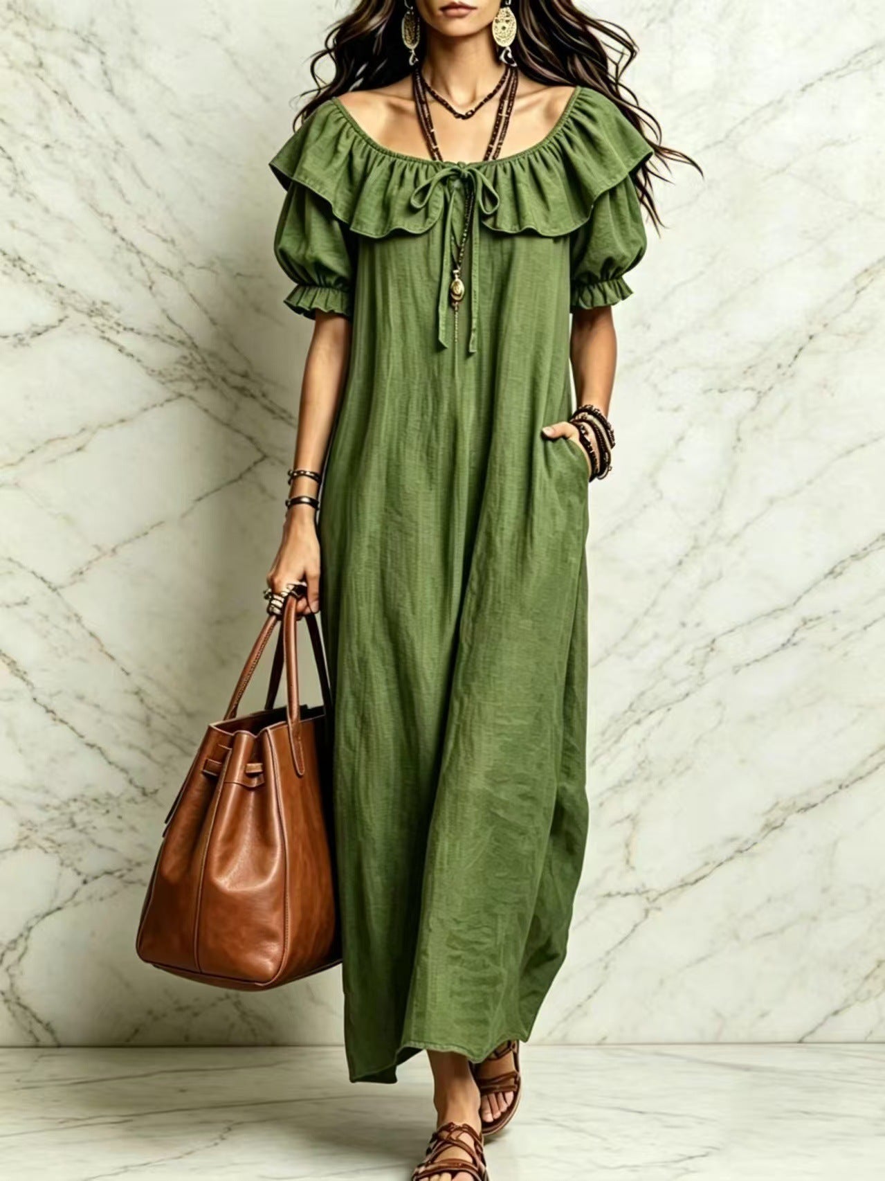 Casual Elegant Round Neck Ruffle Beach Vacation Dress for Women