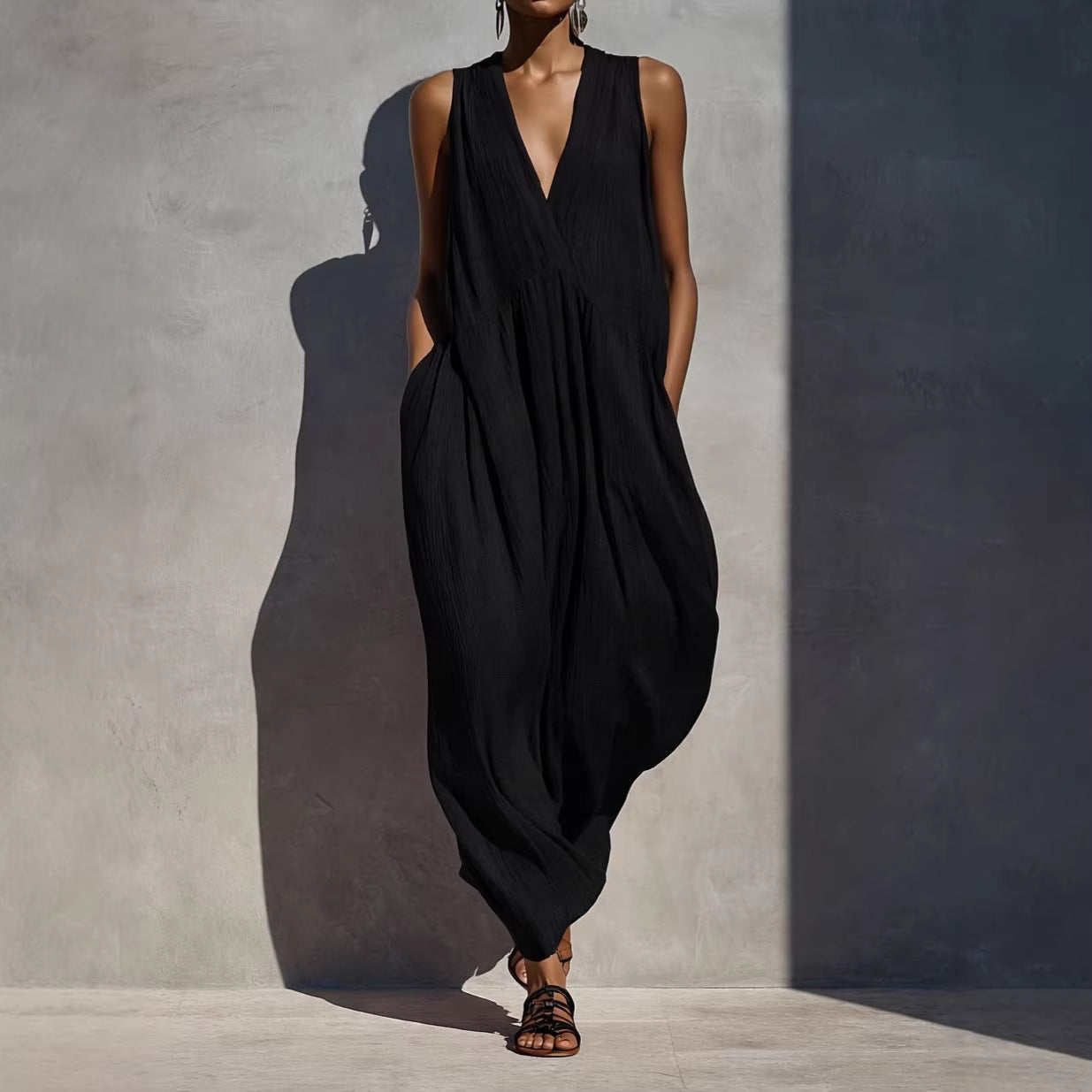 Solid color V-neck dress