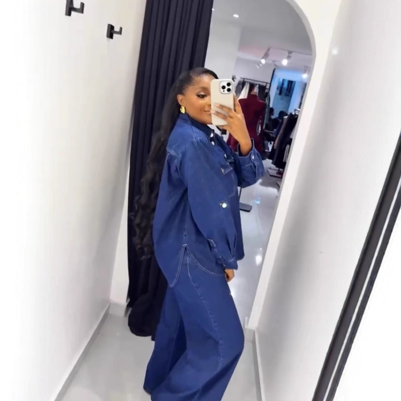 Fashionable Vintage Denim Shirt with Turn-Down Collar Long Sleeve Top and Straight Leg Pants Set for Women