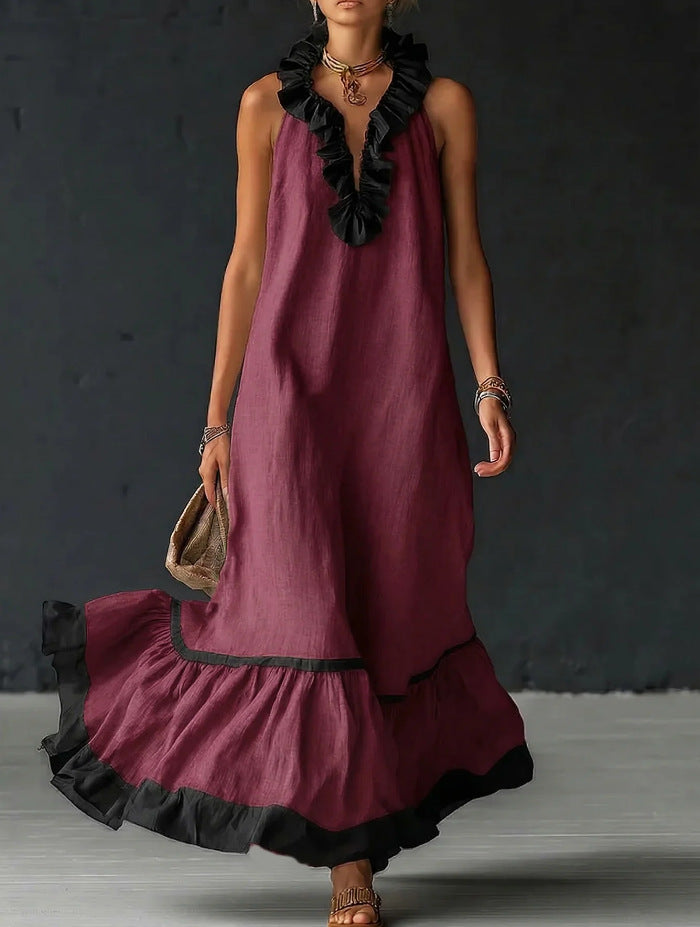 Sleeveless V-neck loose ruffle side length vest dress