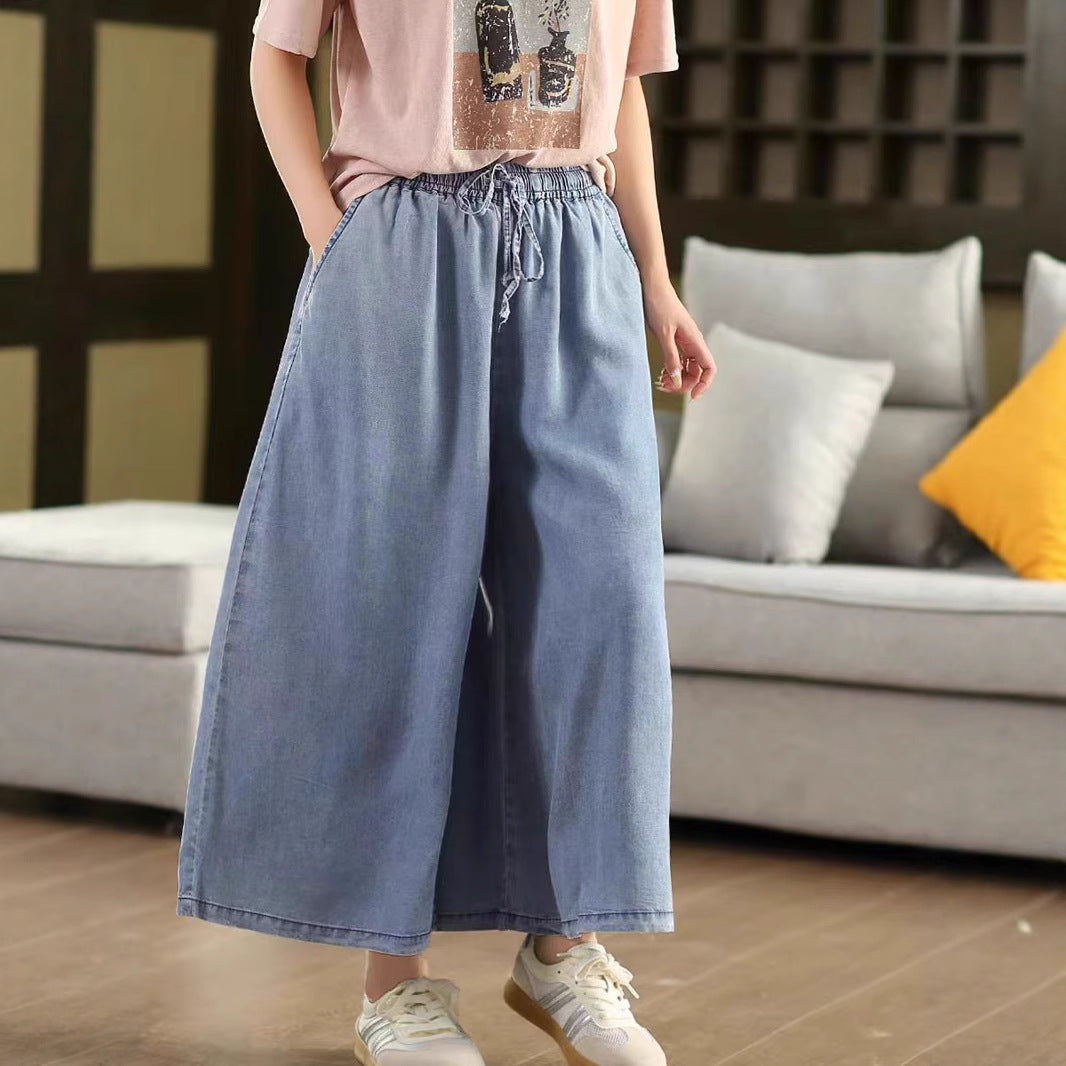 Retro Lyocell Tencel Denim Wide Leg Pants Women Summer Thin Wide Leg Literary Pants Slim Skirt Pants