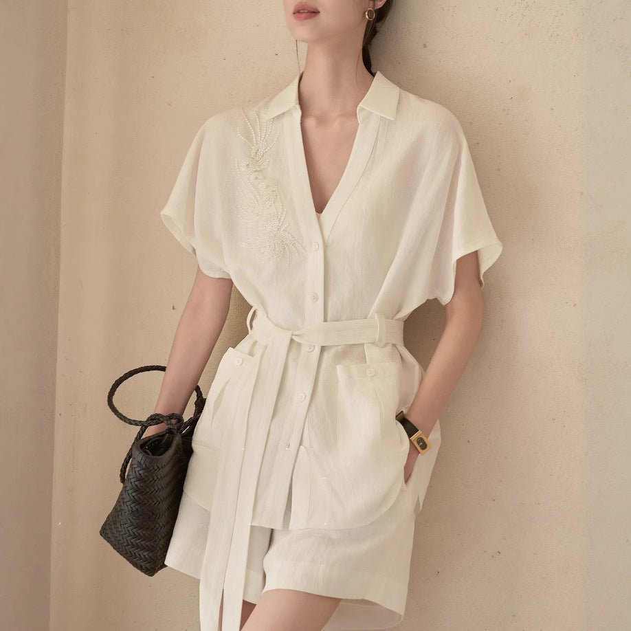 Cotton-Linen Texture Wrinkle-Resistant Non-Iron Beaded V-Neck Belted Short Sleeve Shirt Jacket + Shorts Set Summer