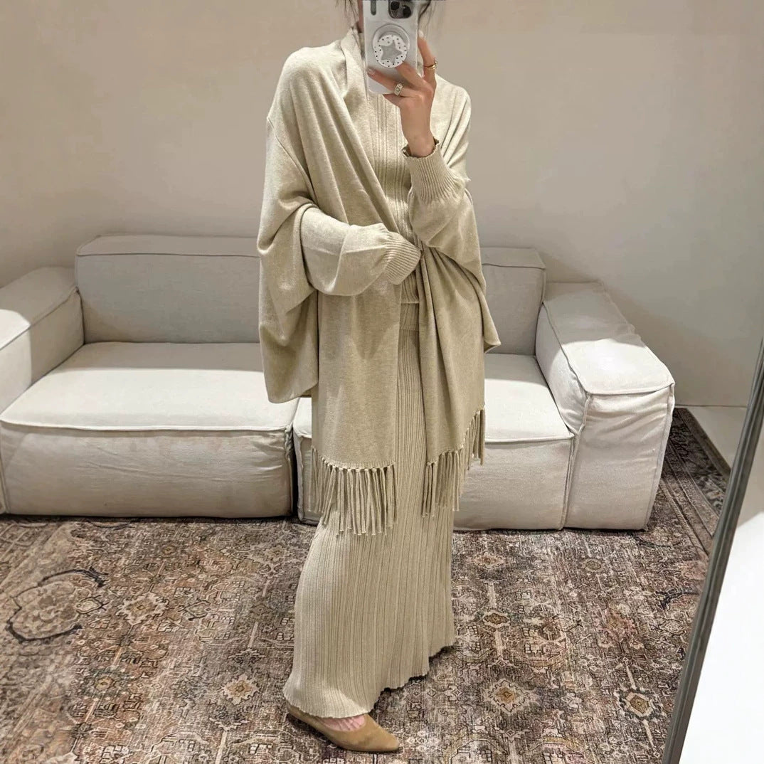 Tassel Bat Sleeve Top Skirt 3-Piece Set