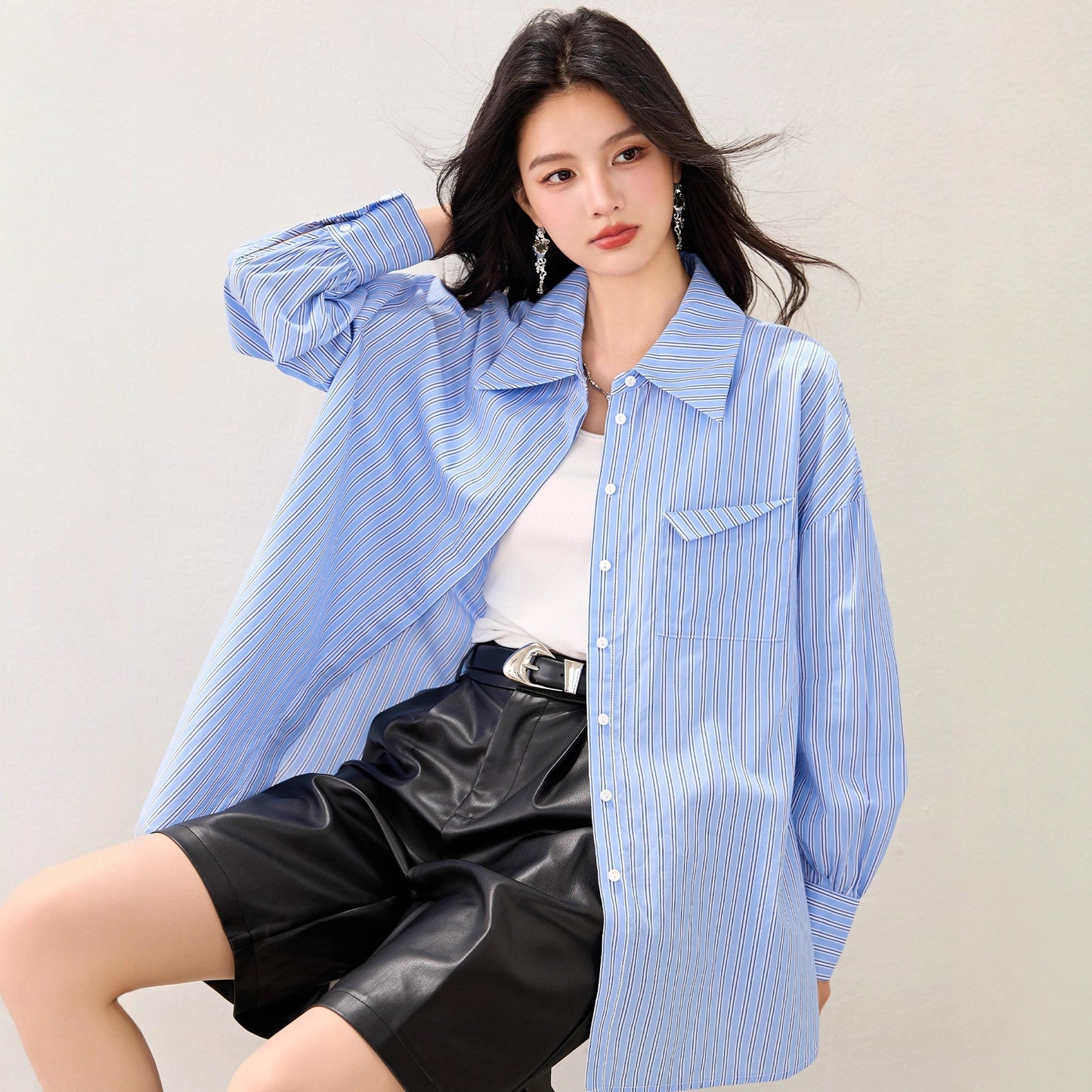 French Lazy Style Stripe Shirt Women Casual Loose Commute Vintage  Style Unique Blouse