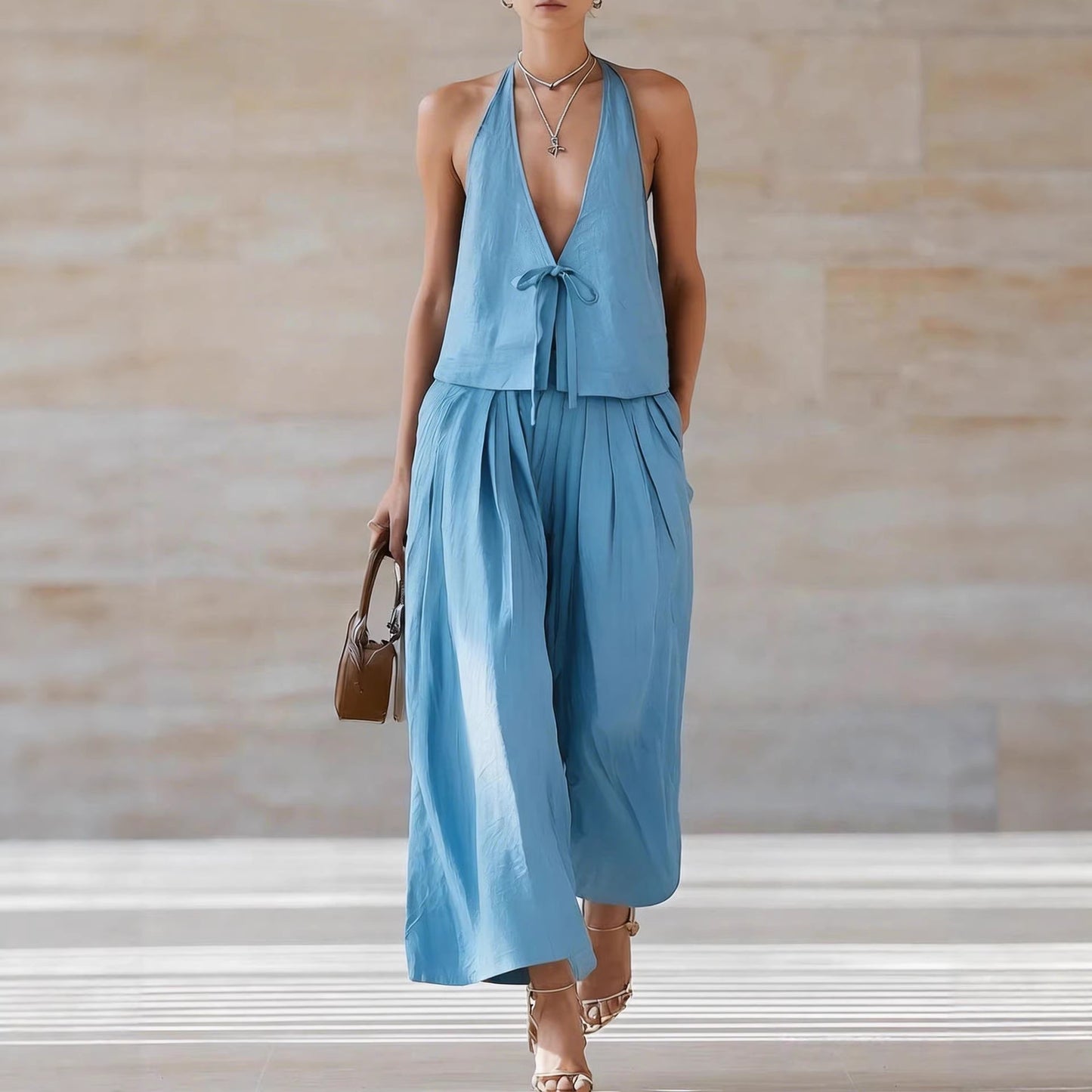 Style Solid Color Sleeveless Casual Loose Fit Two-Piece Set Tank Top amp Wide-Leg Pants Women's Outfit