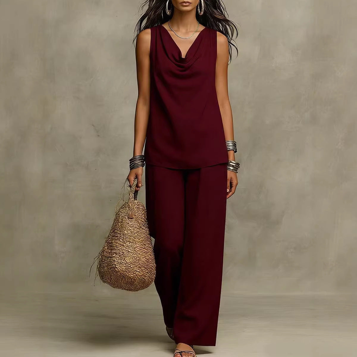 New Women's Fashion Casual Set, Pure Color V-Neck Top Outfit for Market