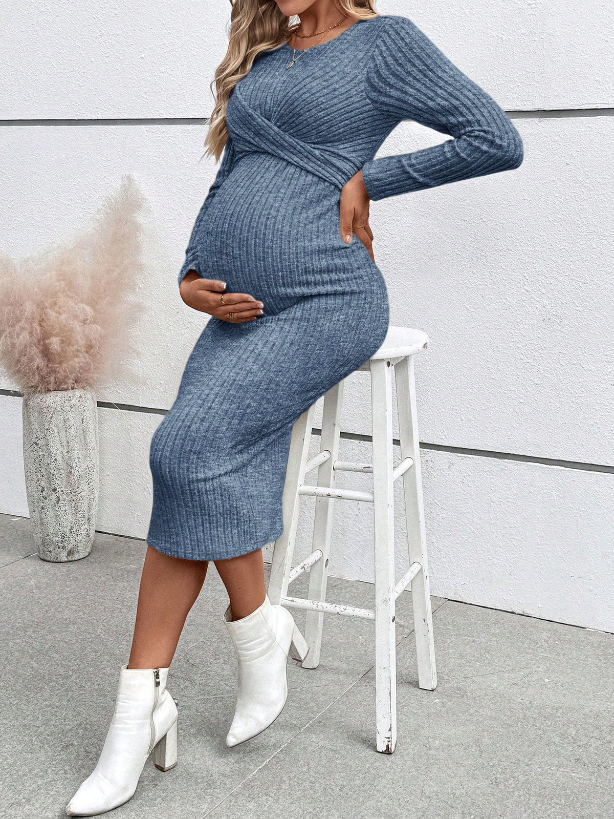 Long Sleeve Maternity Dress Elegant Knot Slim Fit Maternity Dress Full Length Dress