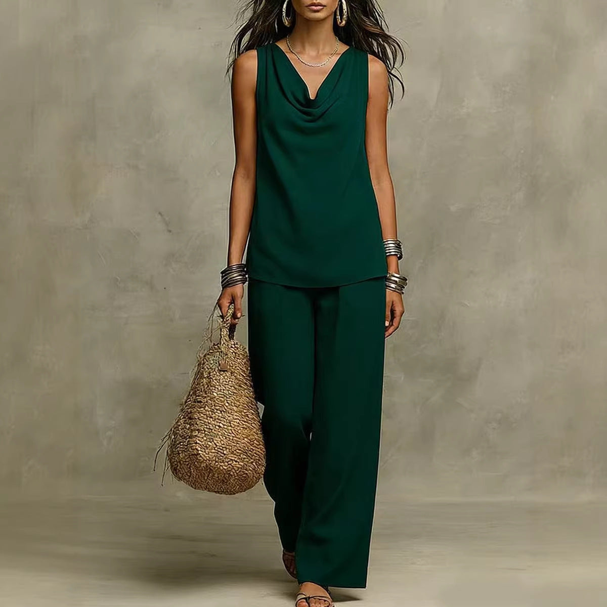 New Women's Fashion Casual Set, Pure Color V-Neck Top Outfit for Market