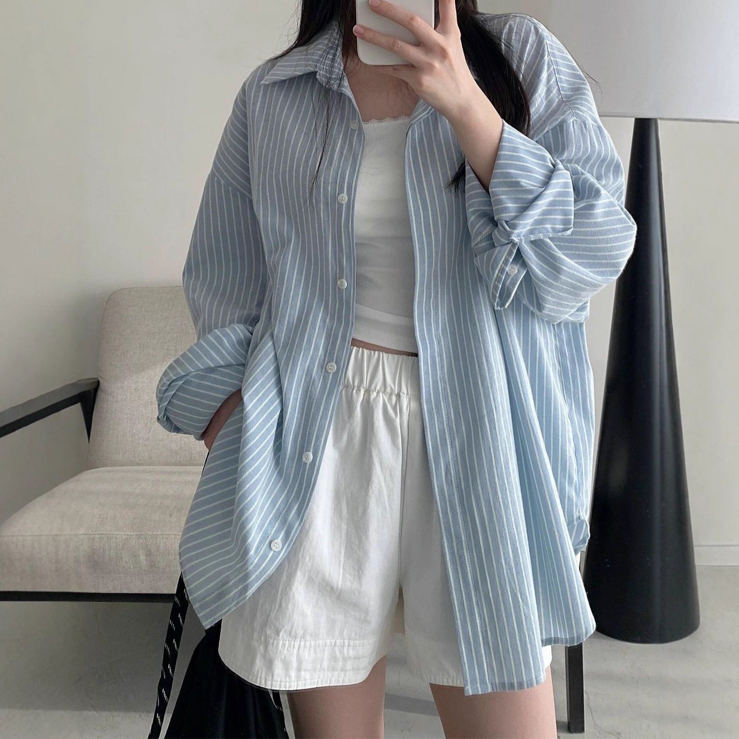 Polo Collar Light Blue Long Sleeve Striped Shirt Women's Chic Loose Cardigan Top