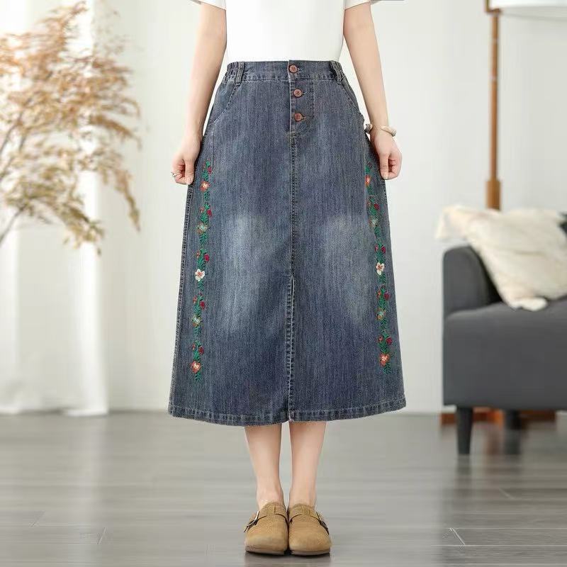 Simple Floral Embroidery Crochet Denim A-Line Skirt Women Loose High Waist Button