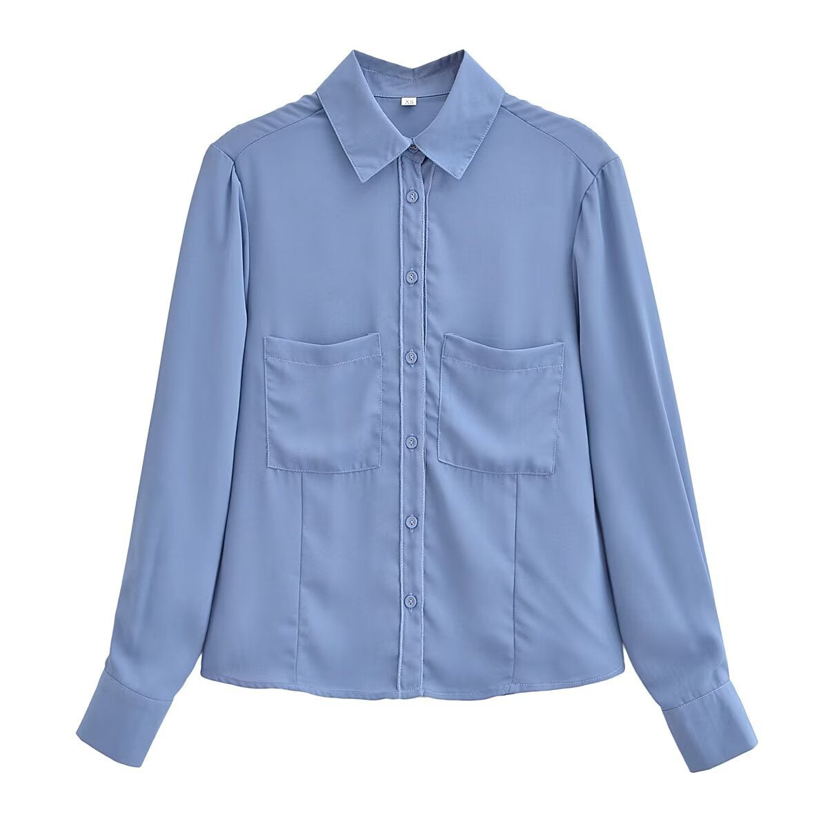 Long sleeved blue pocket embellished crepe shirt