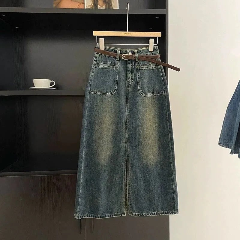 Cement Gray High-Waisted Mid-Length A-Line Denim Skirt with Slit Design for Women, Casual and Versatile Step Skirt