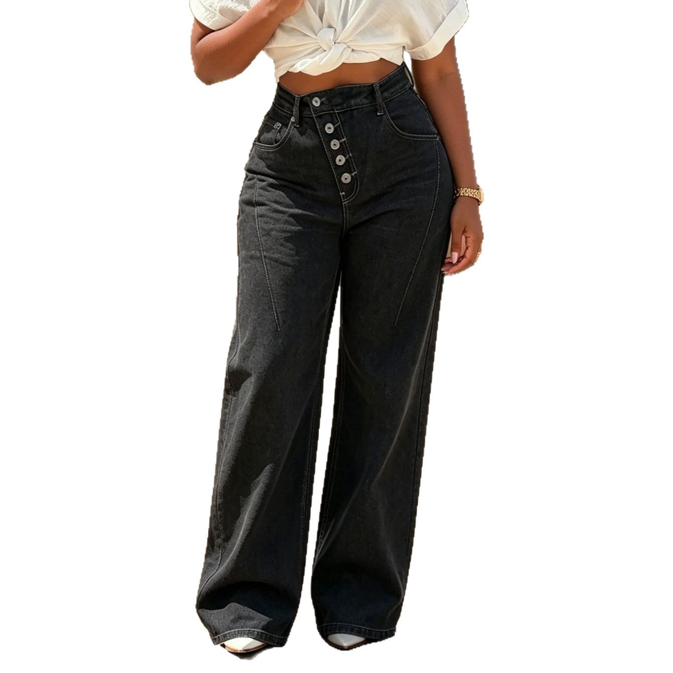 NewTopstitching Multi-button Fly Front Denim Pants