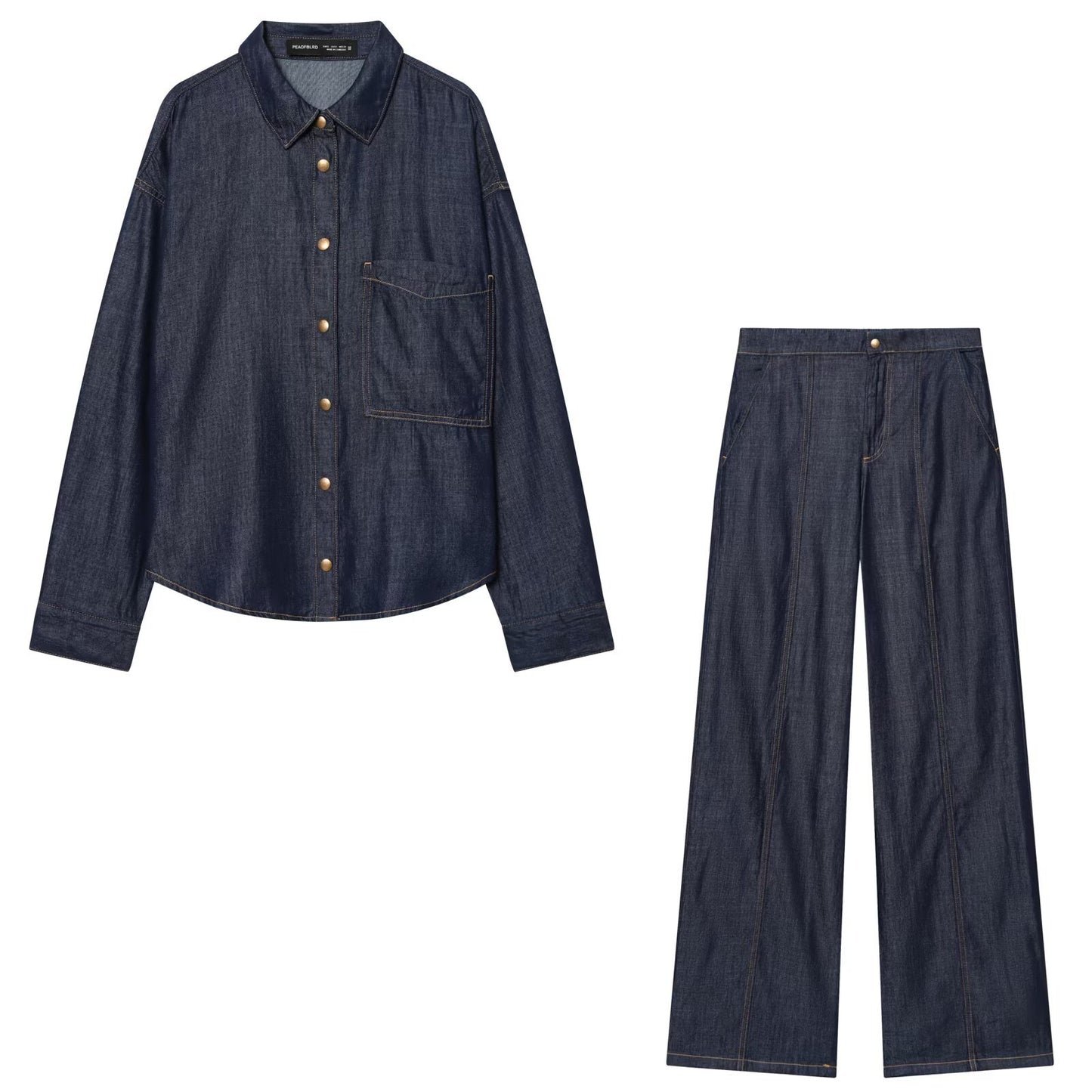 Loose denim shirt+wide leg pants